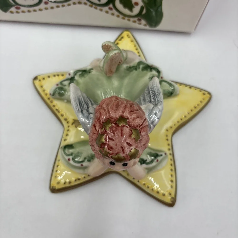 Fitz And Floyd Moonbeams Angel Lidded Trinket Box Star Shaped Holly Berry Xmas